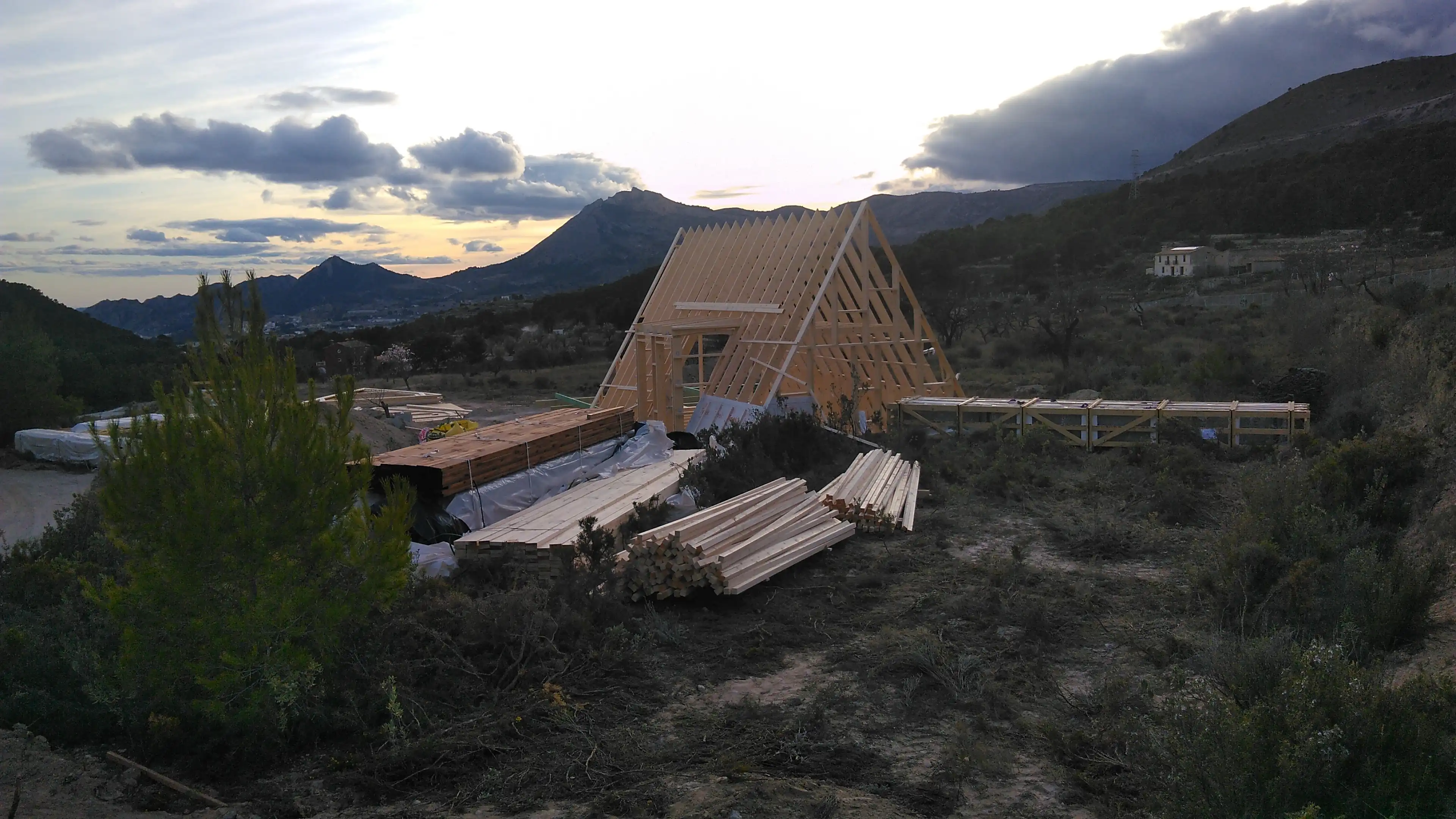 Front view of the interior of an A-frame house