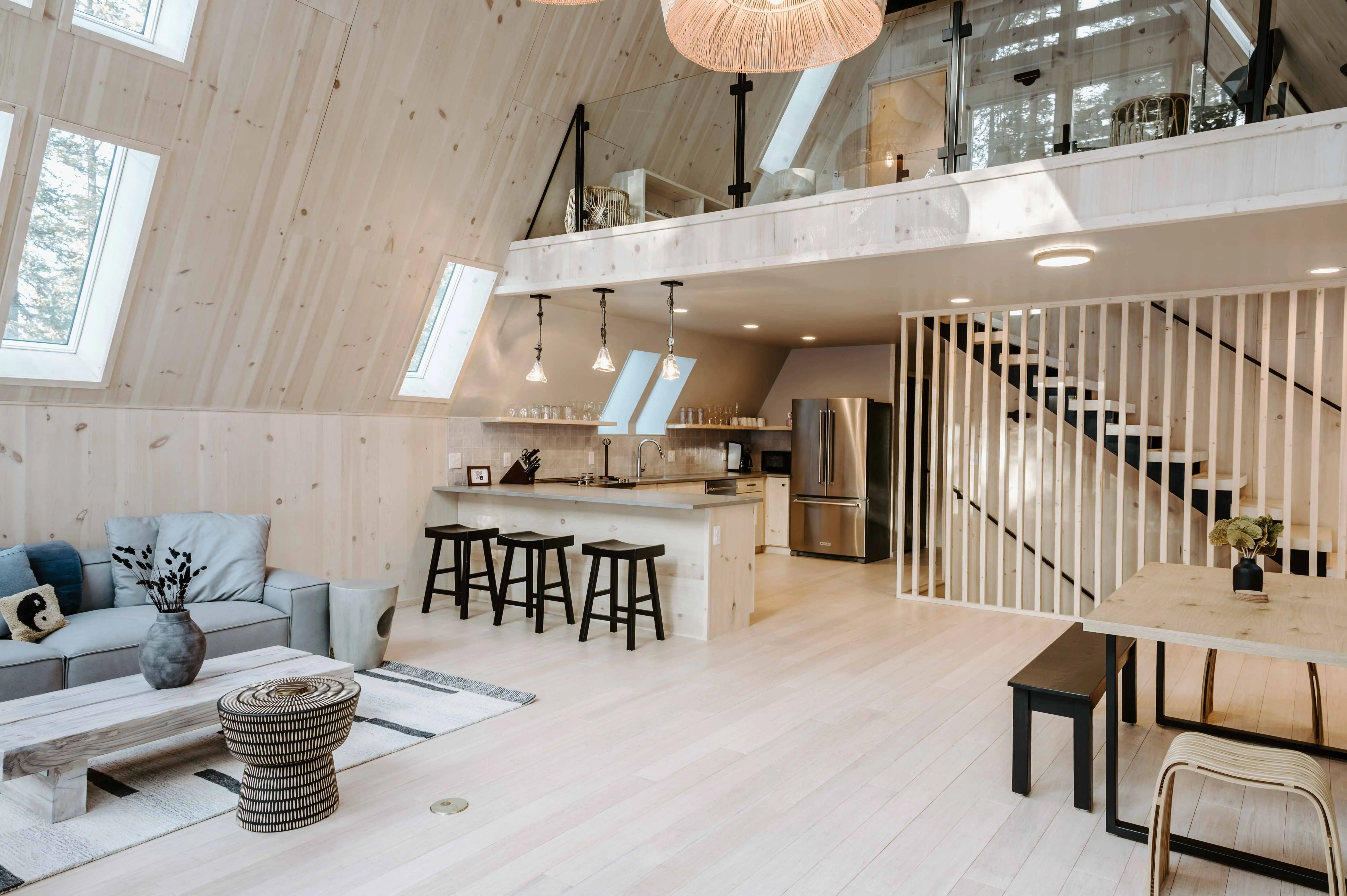 Front view of the interior of an A-frame house