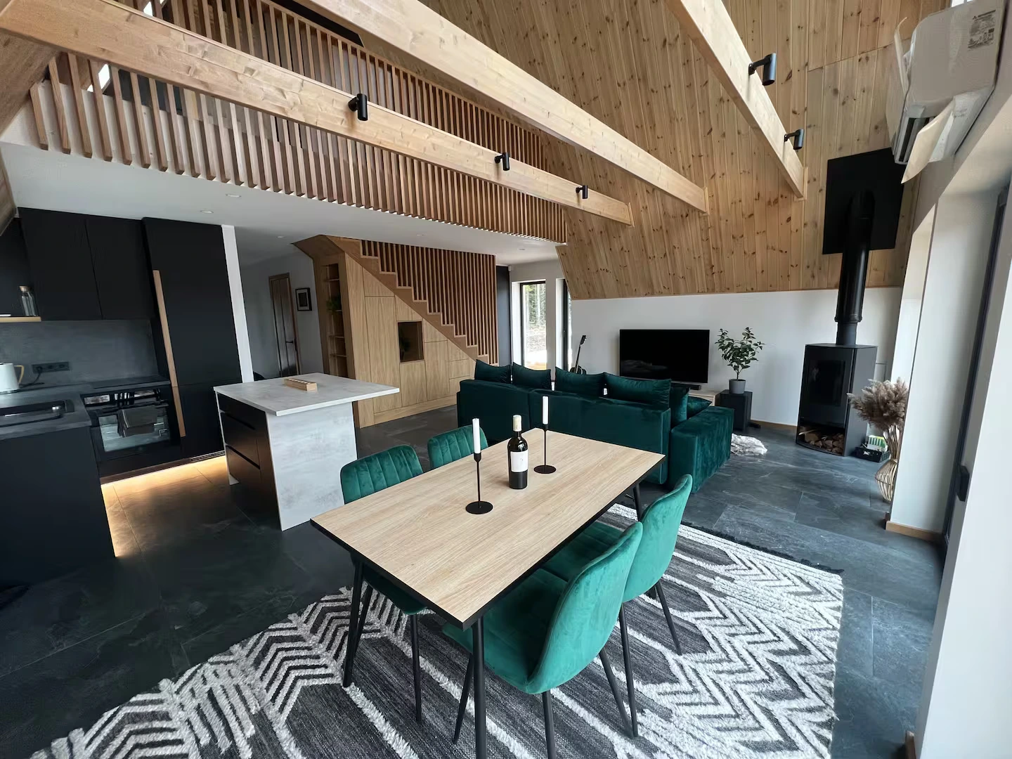 Front view of the interior of an A-frame house