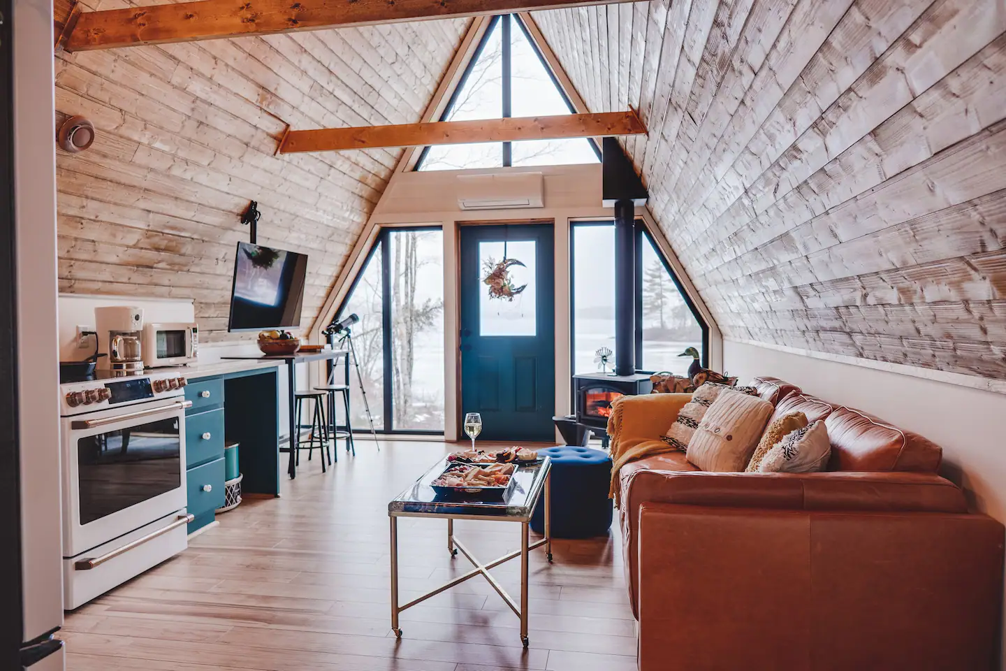 Front view of the interior of an A-frame house