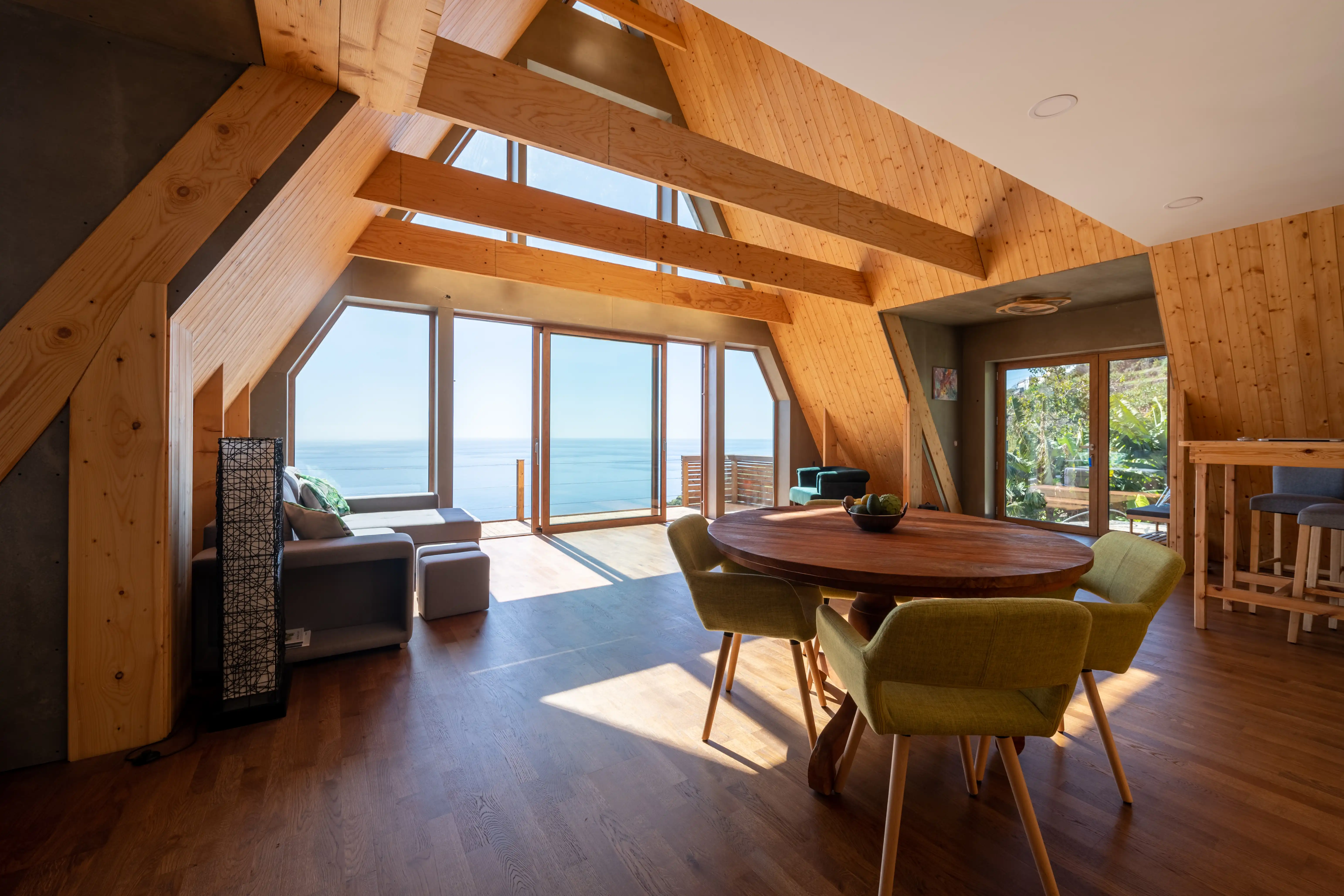 Front view of the interior of an A-frame house