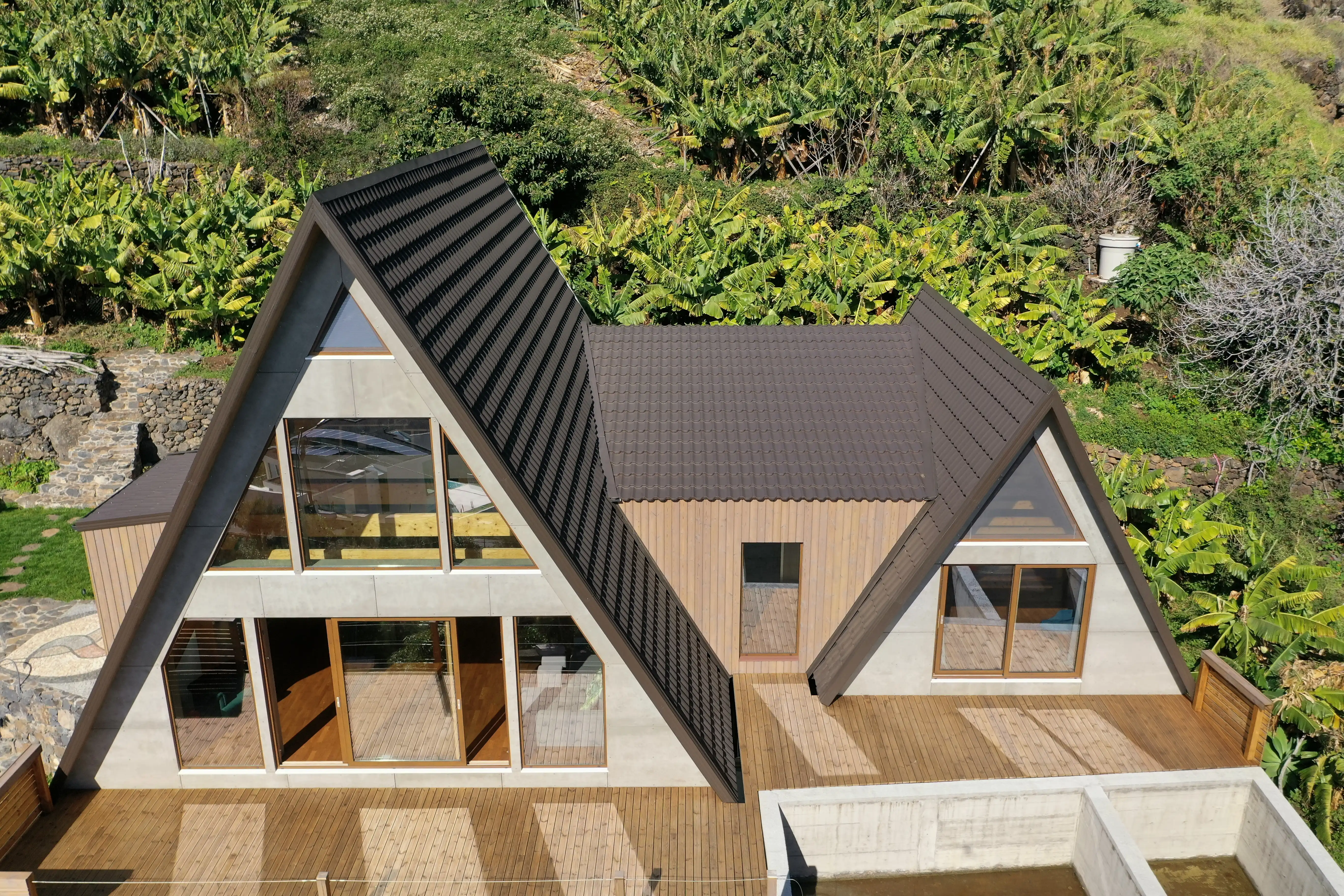 Front view of the exterior of an A-frame house