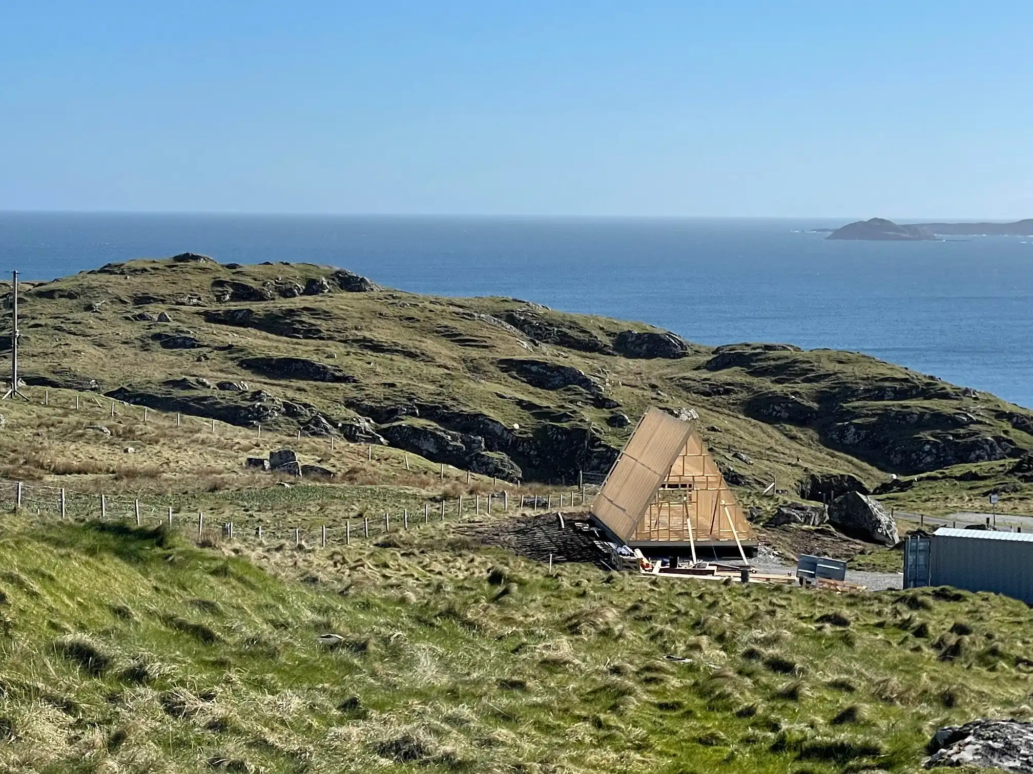 Front view of the exterior of an A-frame house