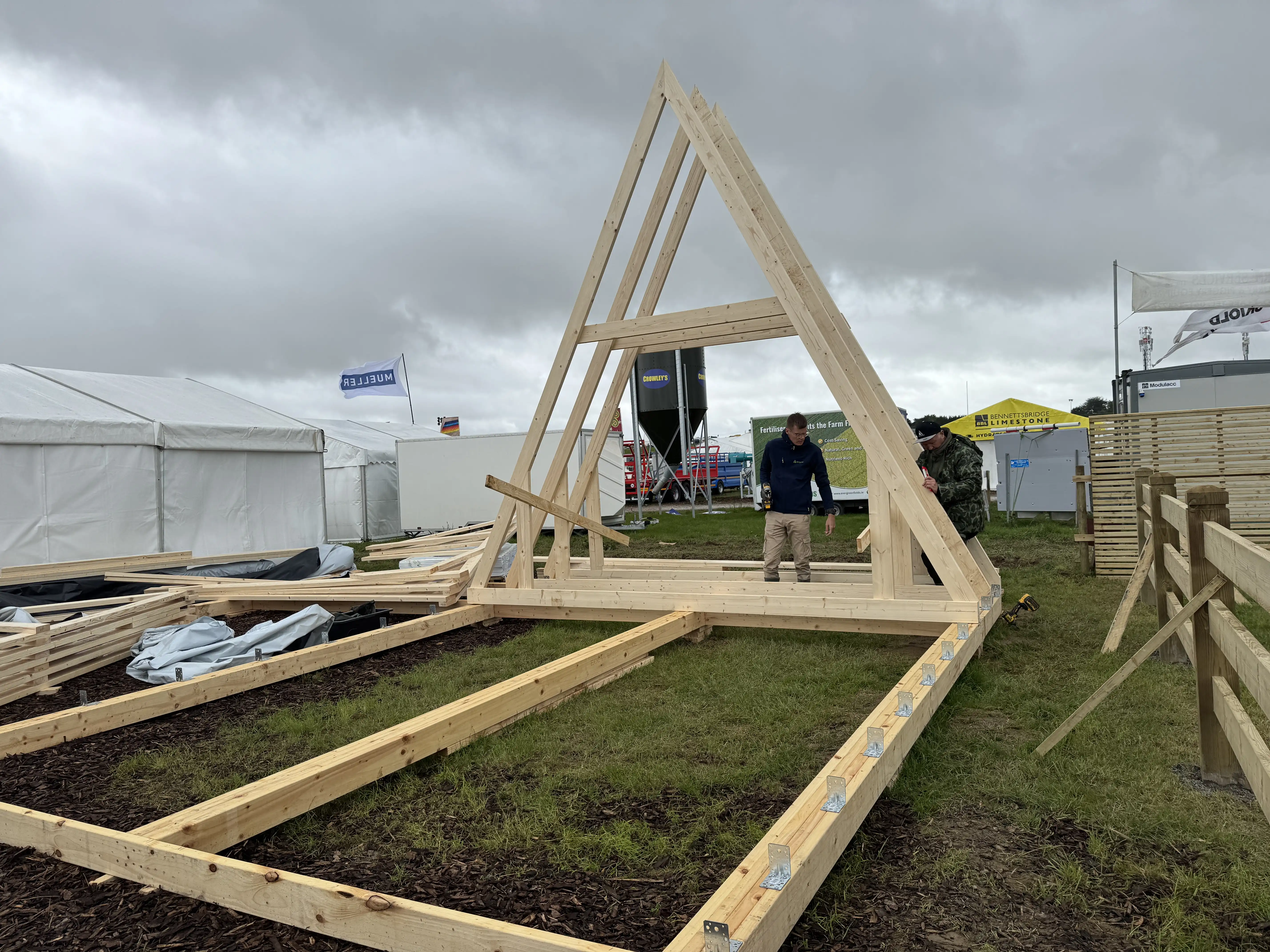 Front view of the interior of an A-frame house