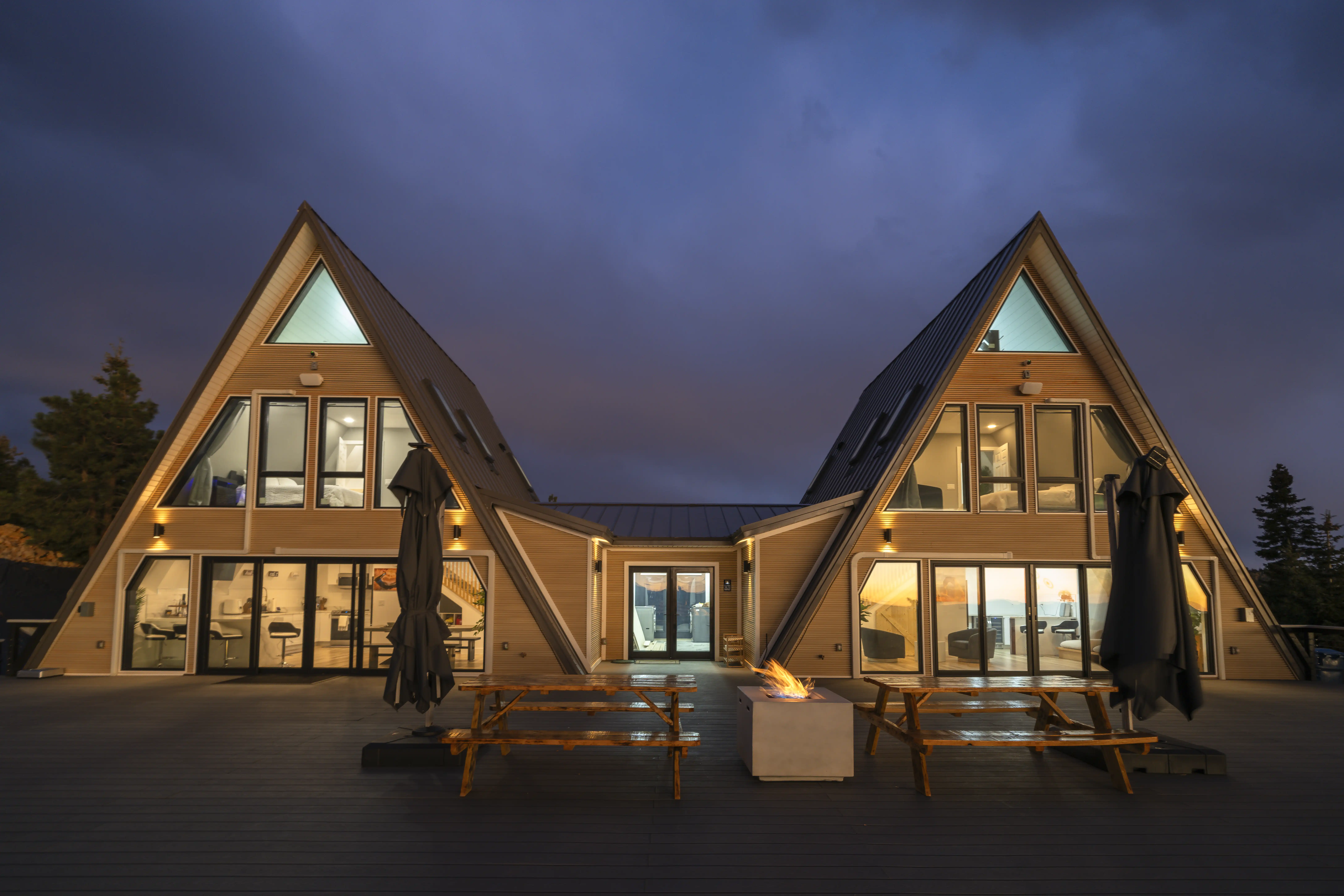 Front view of the exterior of an A-frame house