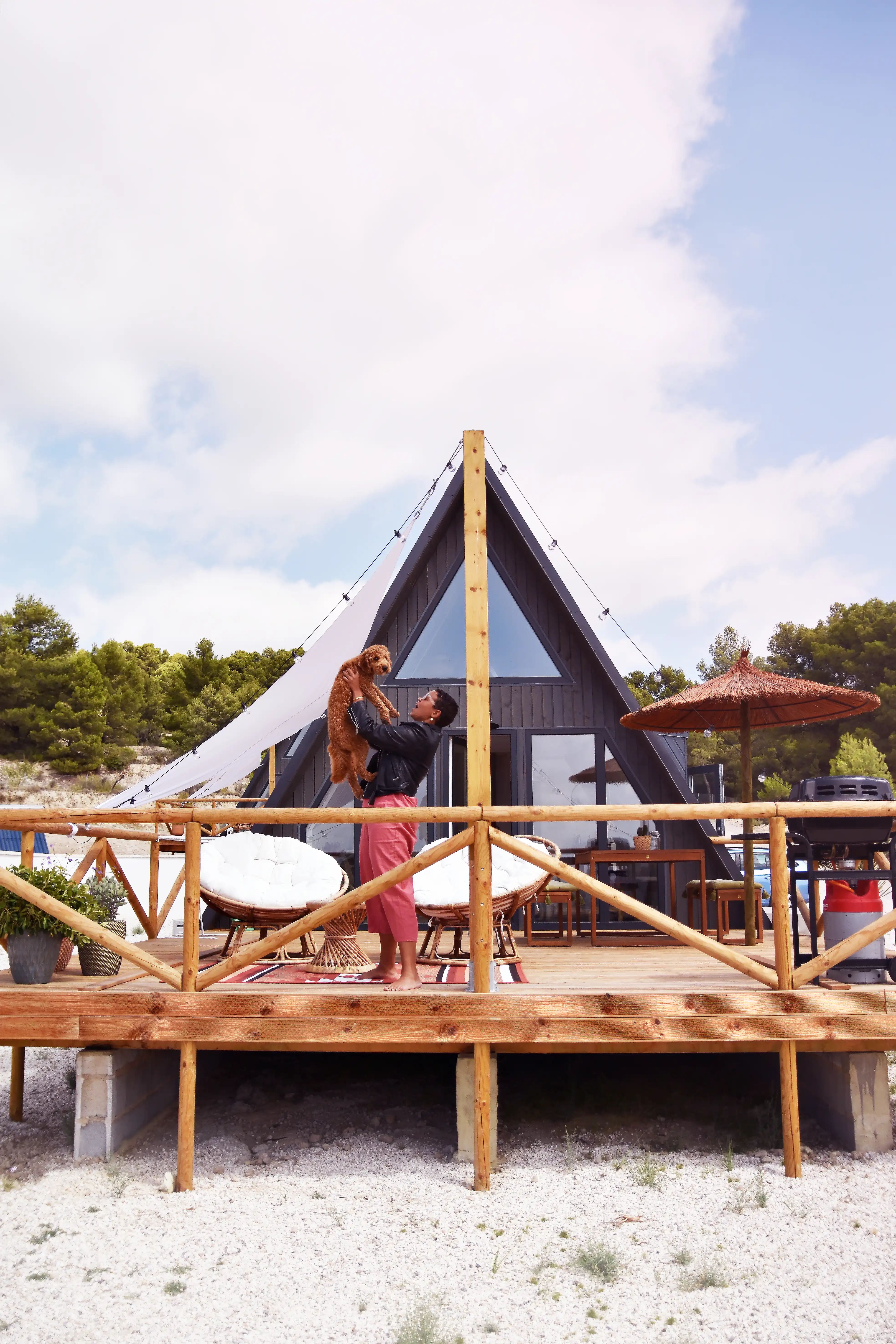 Front view of the interior of an A-frame house