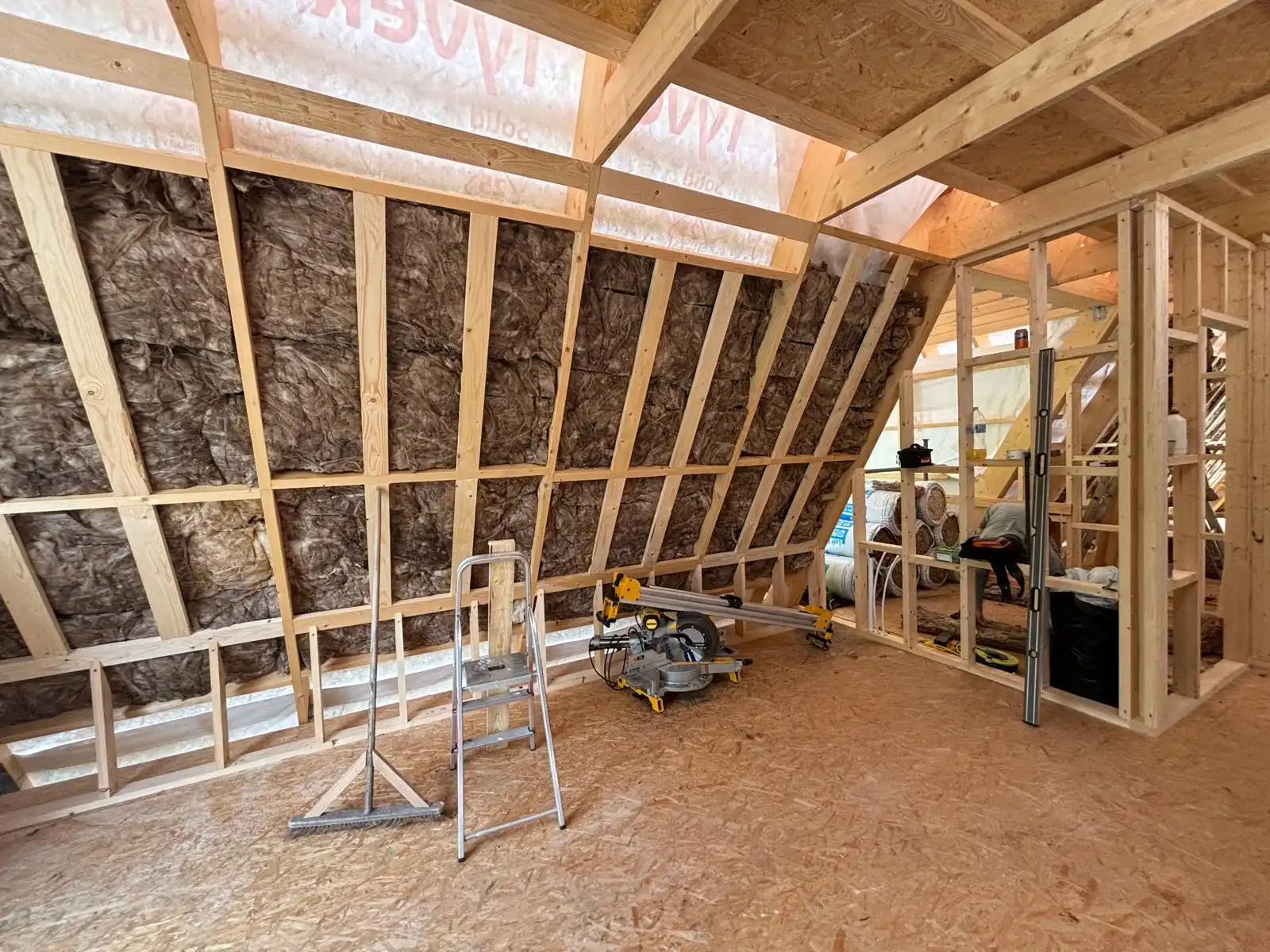Front view of the interior of an A-frame house