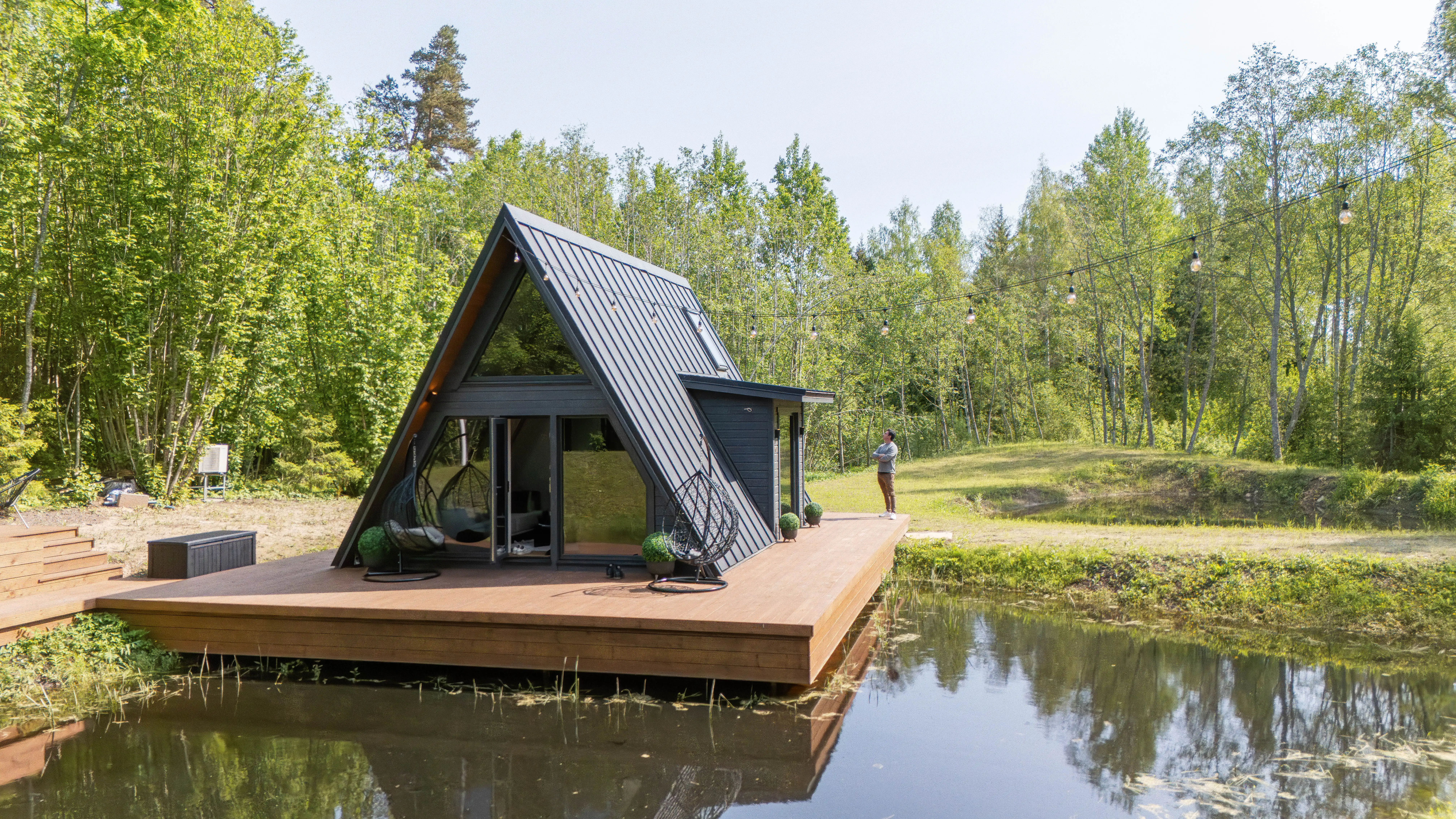 Front view of the exterior of an A-frame house