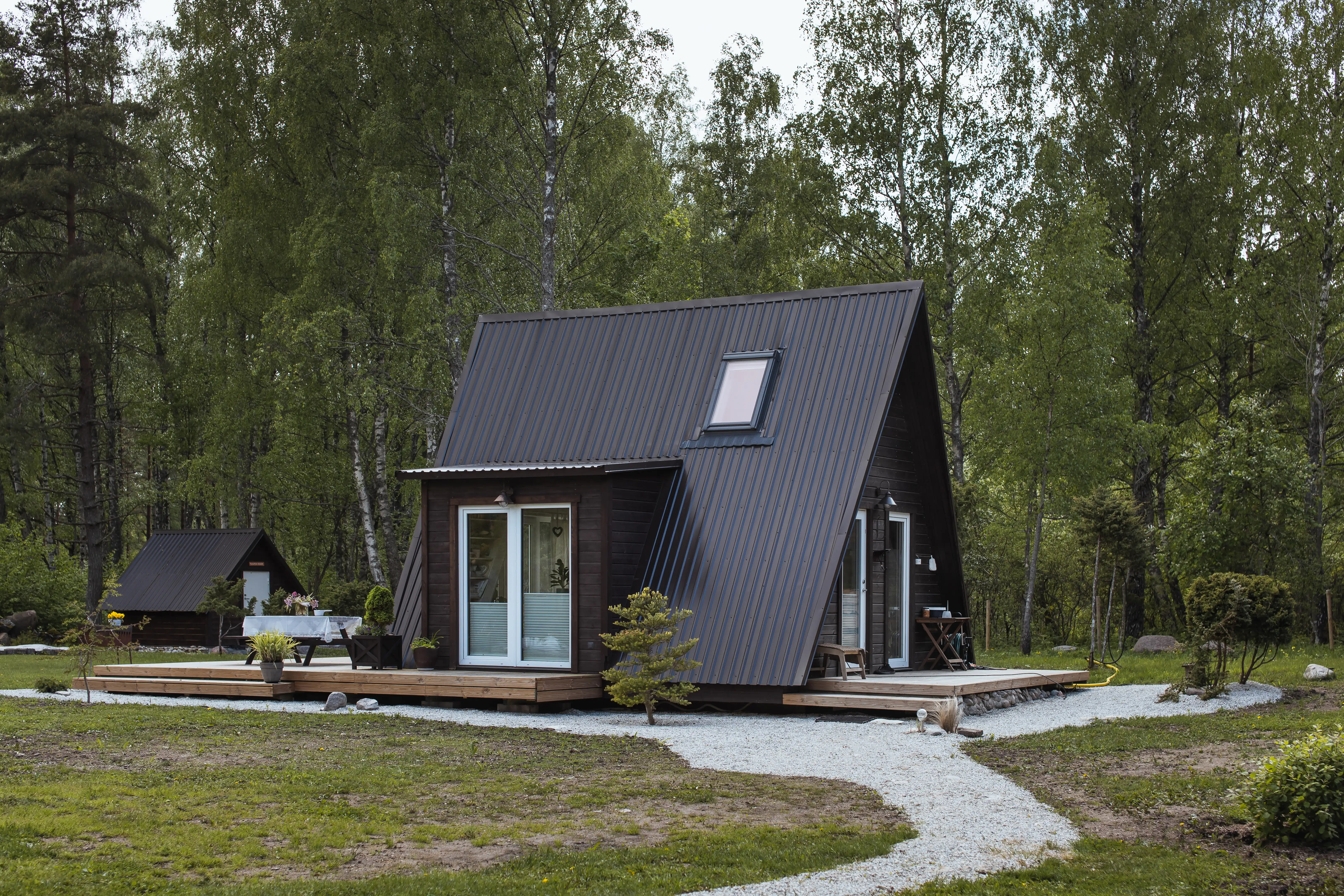 Front view of the interior of an A-frame house