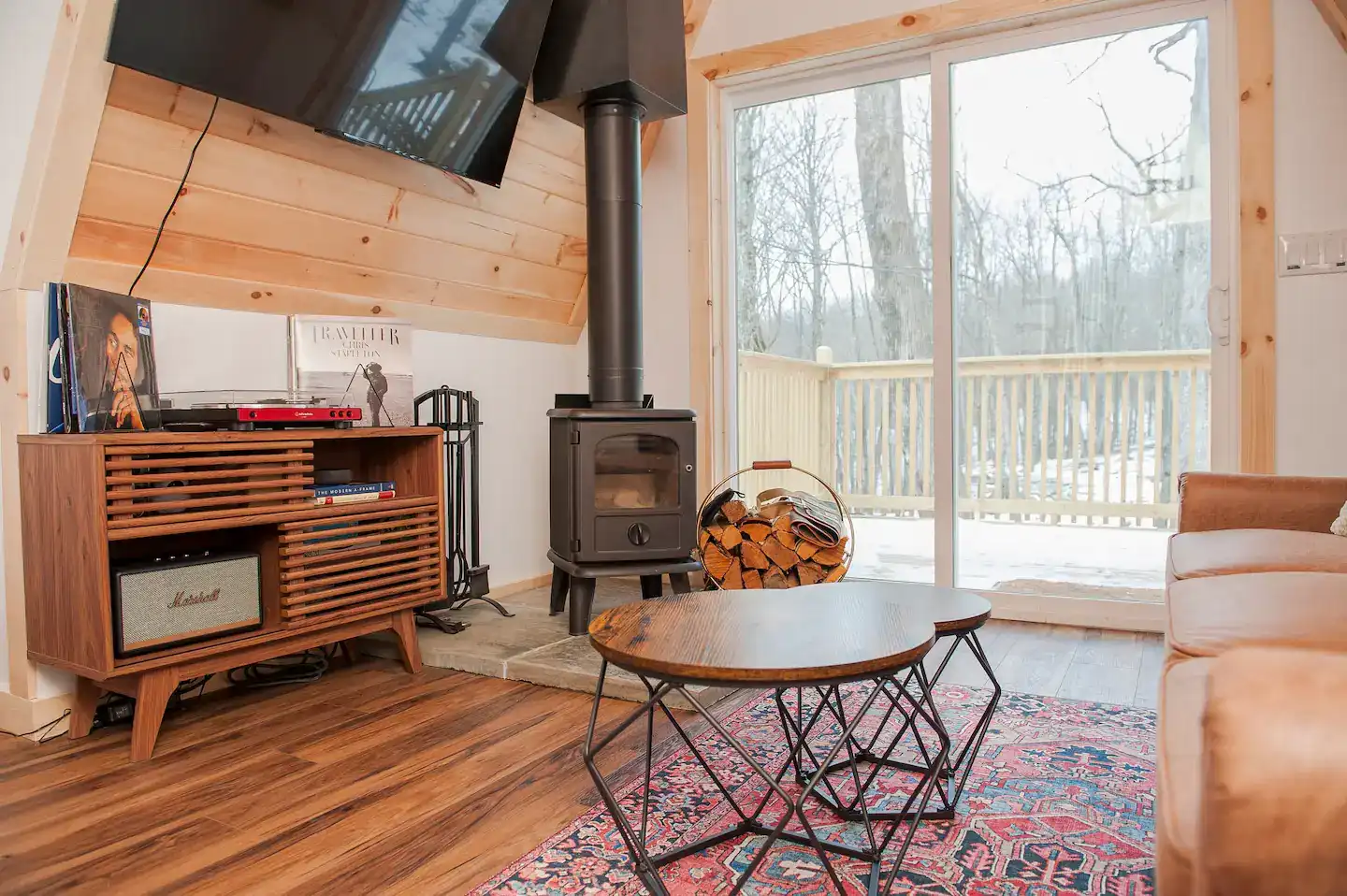Front view of the interior of an A-frame house