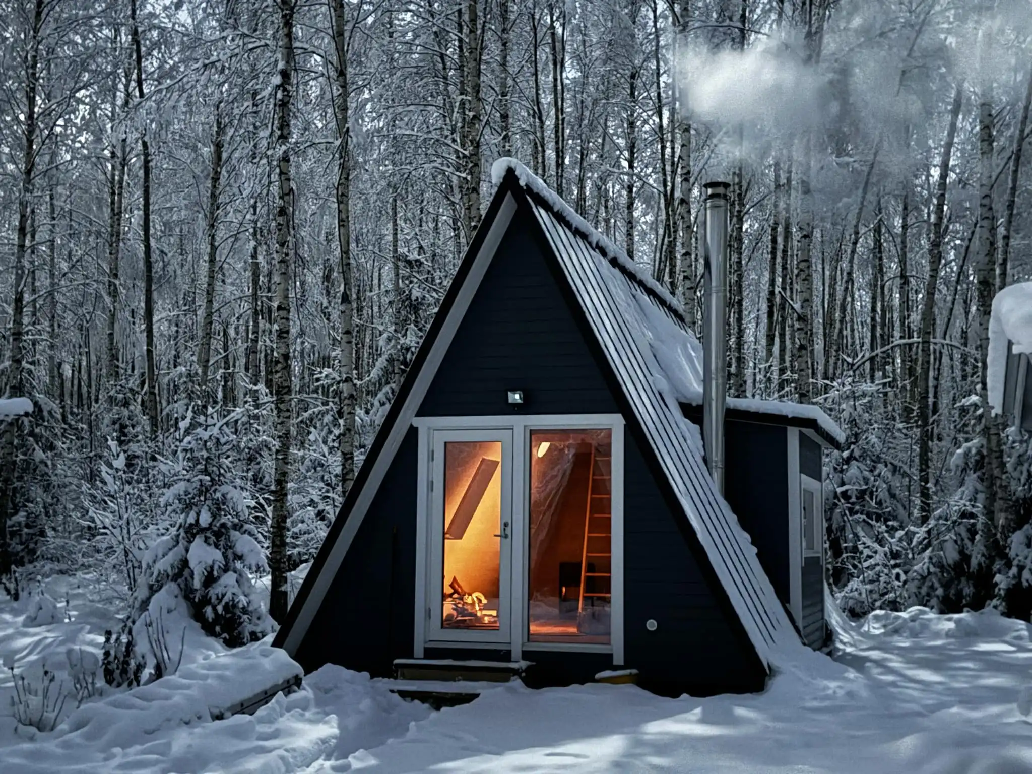 Front view of the exterior of an A-frame house